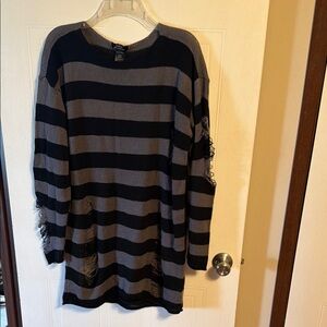 Black & Gray Striped Distressed Knit Sweater